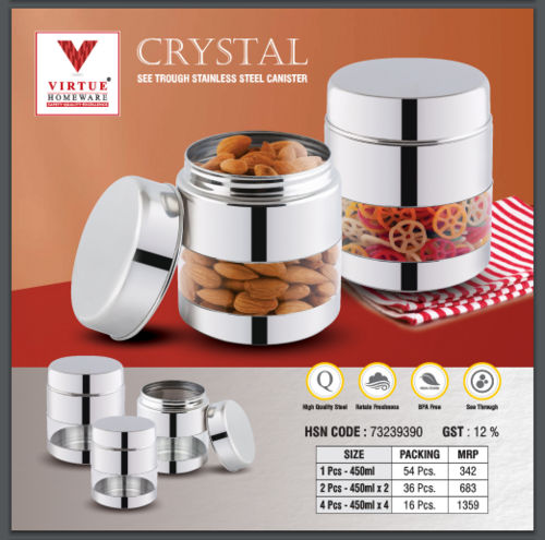 CRYSTAL VIRTUE HOMEWARE SEE THROUGH ST. STEEL CANISTER