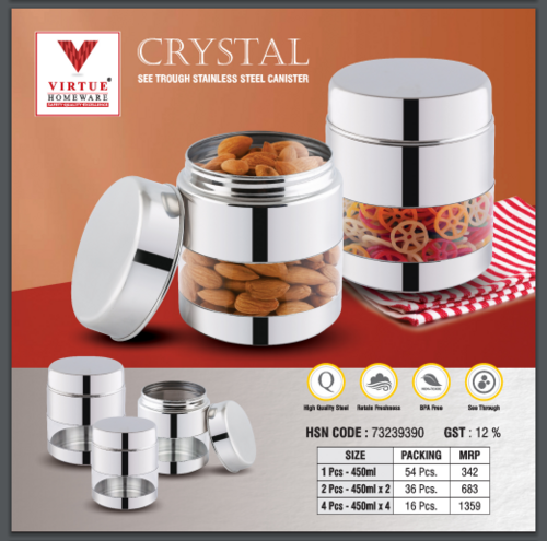 CRYSTAL VIRTUE HOMEWARE SEE THROUGH S.S. CANISTER - 2pcs Set 450ml+450ml | Air Tight Lid, Freezer & Dishwasher Safe, Easy Access Design