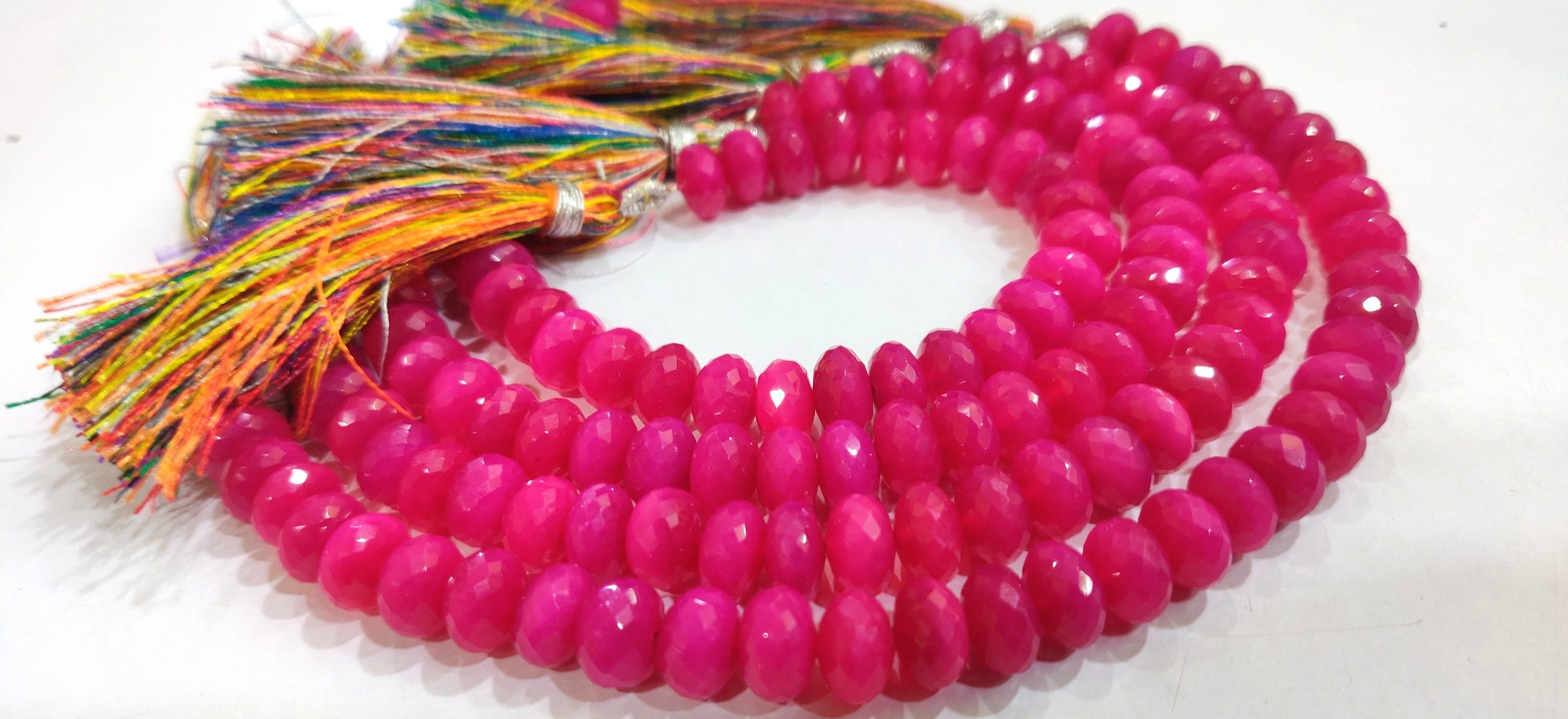 Natural Hot Pink chalcedony Rondelle Faceted 8mm Beads Strand 8'' Long