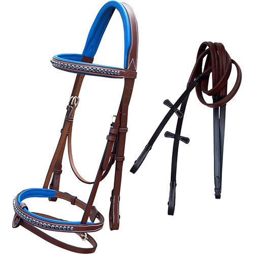 Snaffle Bridle With Blue Colored Piping On Browband & Noseband Chrome - Application: Horse Riding