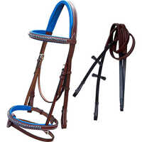 SNAFFLE BRIDLE WITH BLUE COLORED PIPING ON BROWBAND & NOSEBAND CHROME