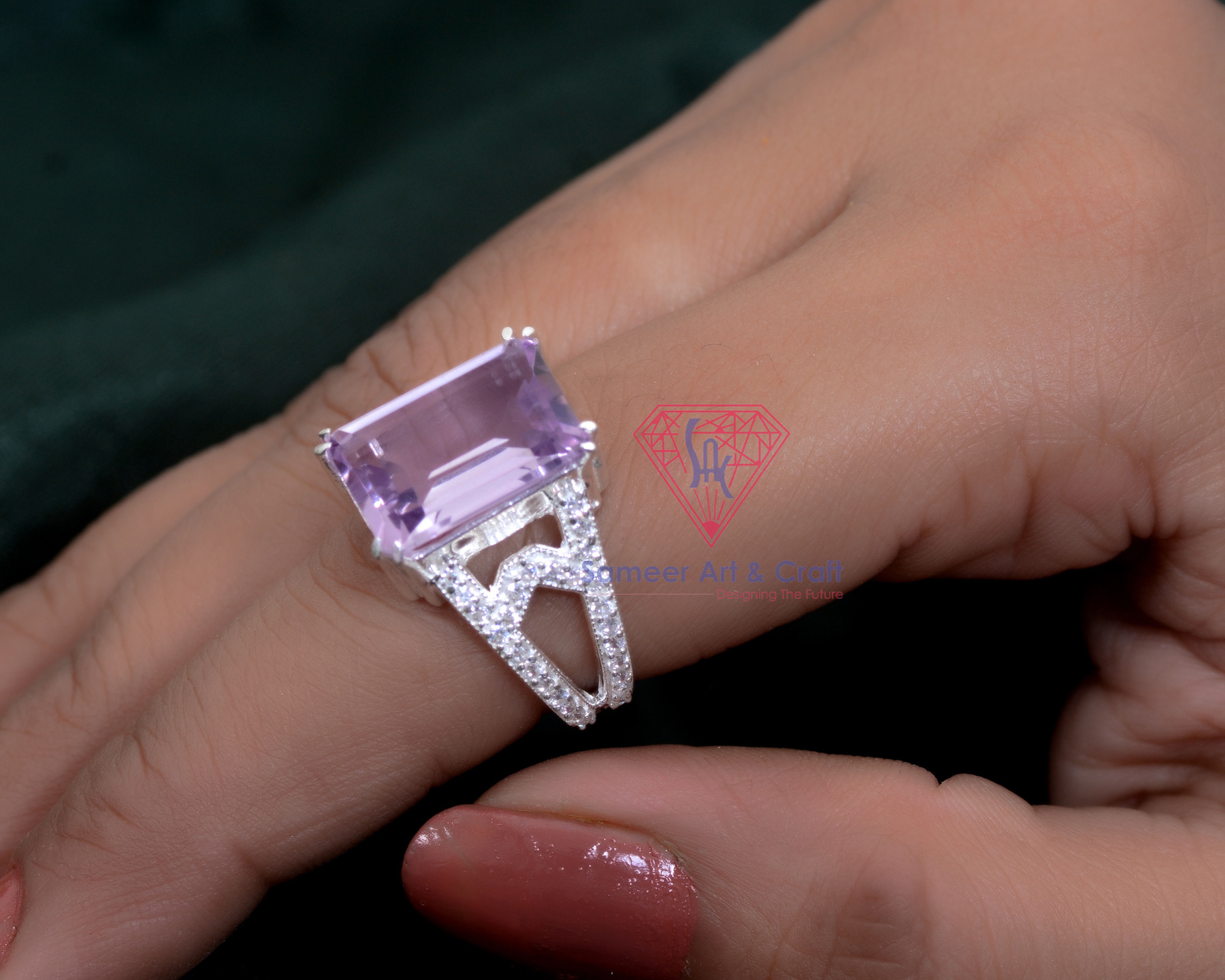 925 Sterling Silver Natural Amethyst Gemstone Cubic Zircon Silver Plated Ring