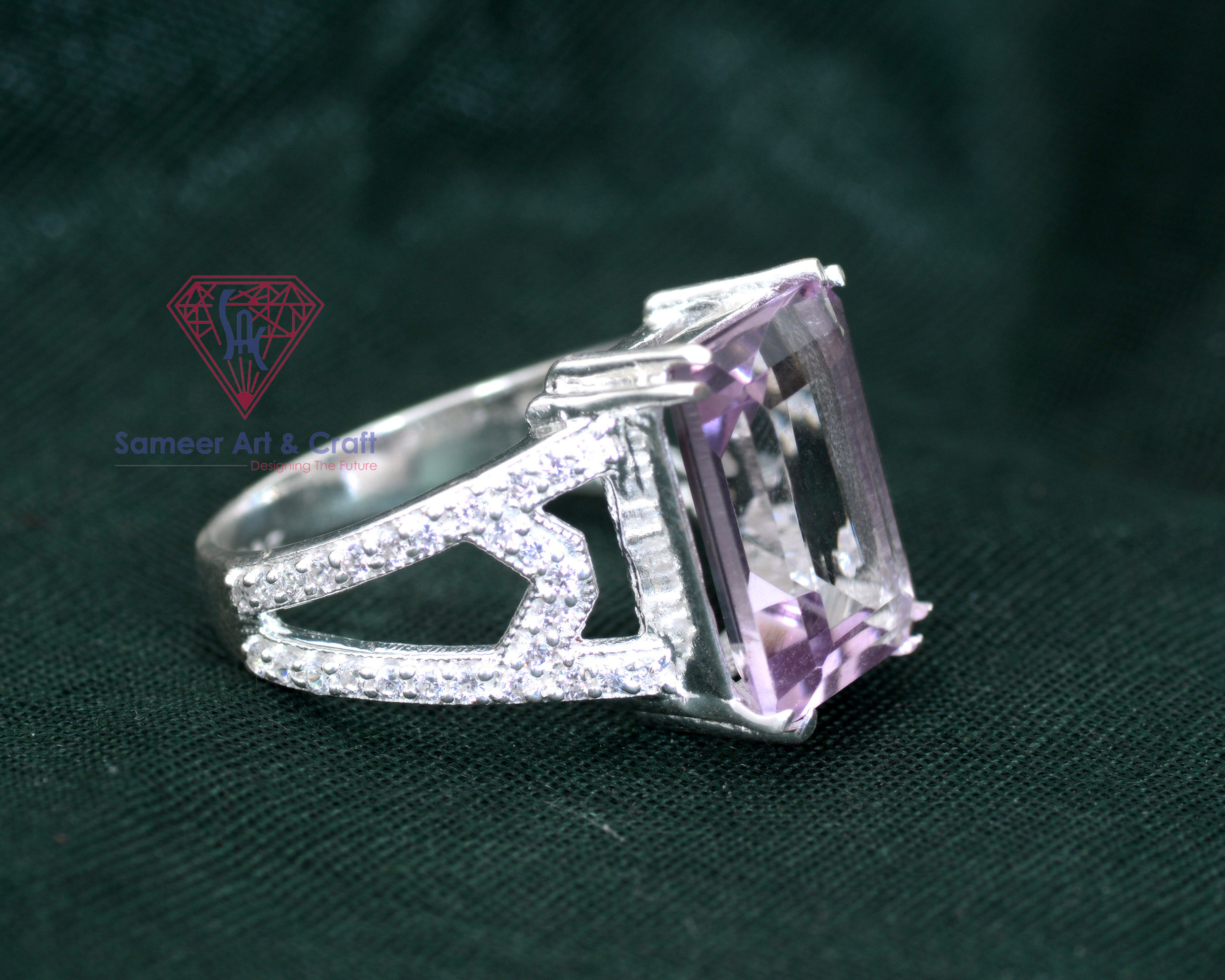 925 Sterling Silver Natural Amethyst Gemstone Cubic Zircon Silver Plated Ring