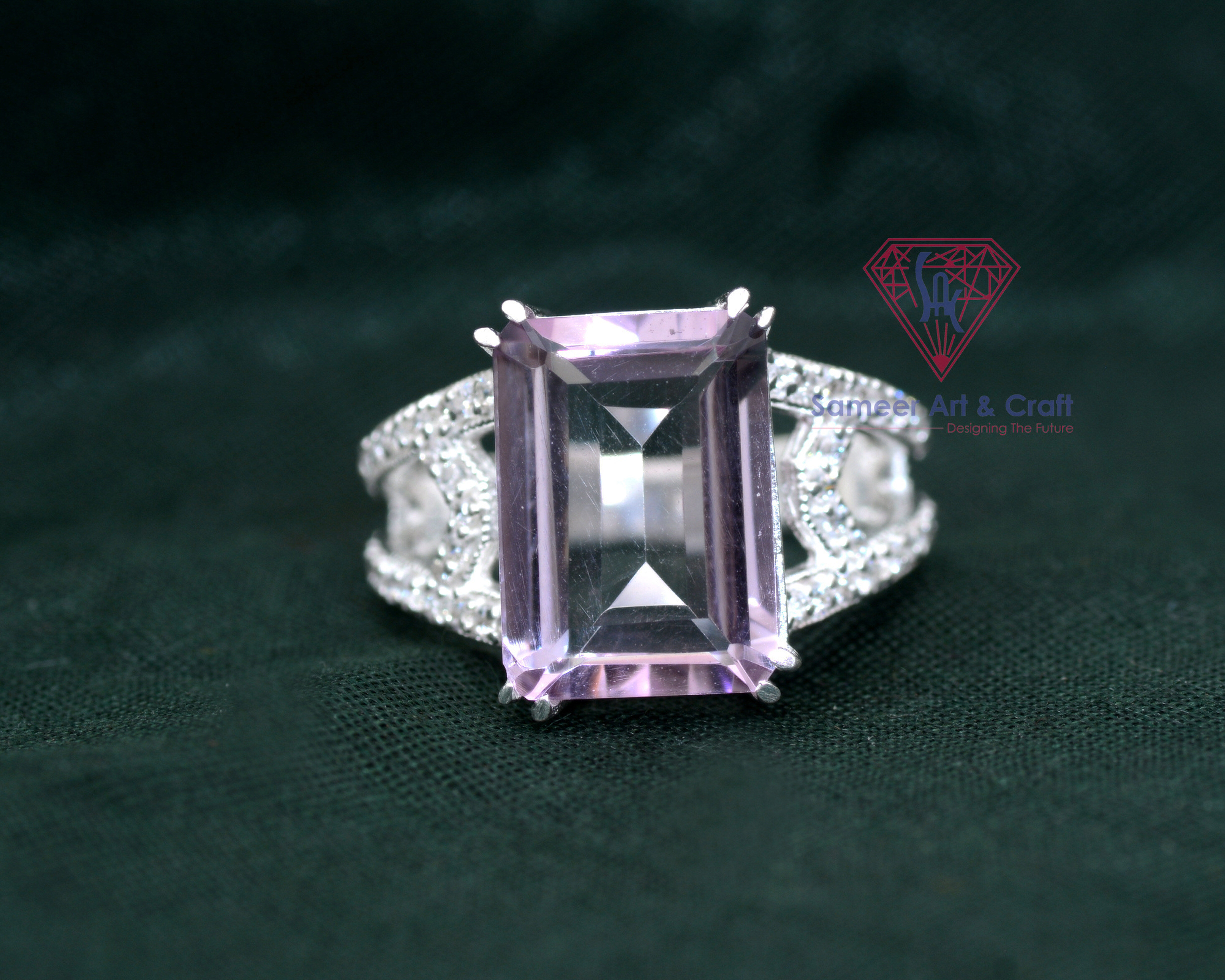 925 Sterling Silver Natural Amethyst Gemstone Cubic Zircon Silver Plated Ring