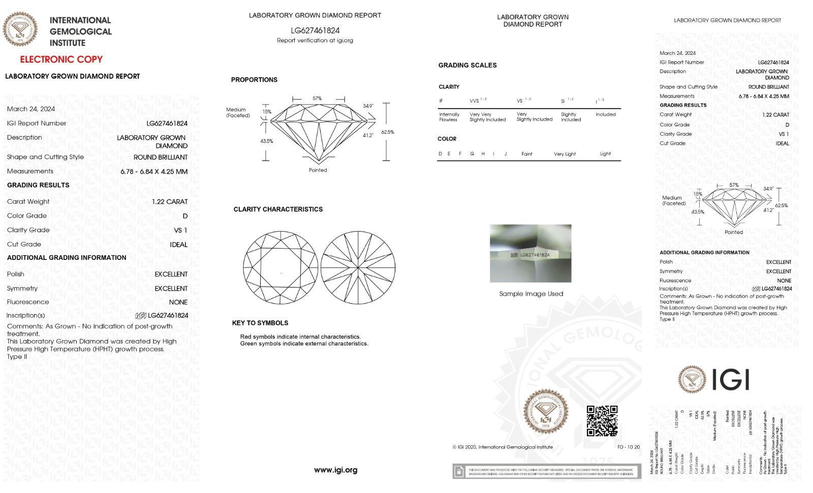 ROUND 1.22ct D VS1 IGI 627461824 Lab Grown Diamond EC971278