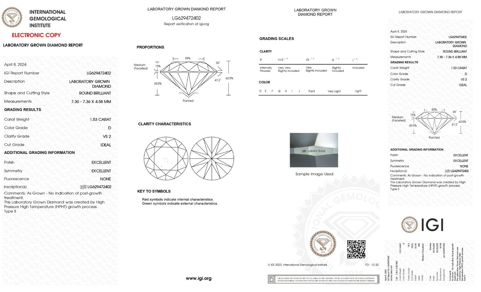 ROUND 1.53ct D VS2 IGI 629472402 Lab Grown Diamond EC1051240