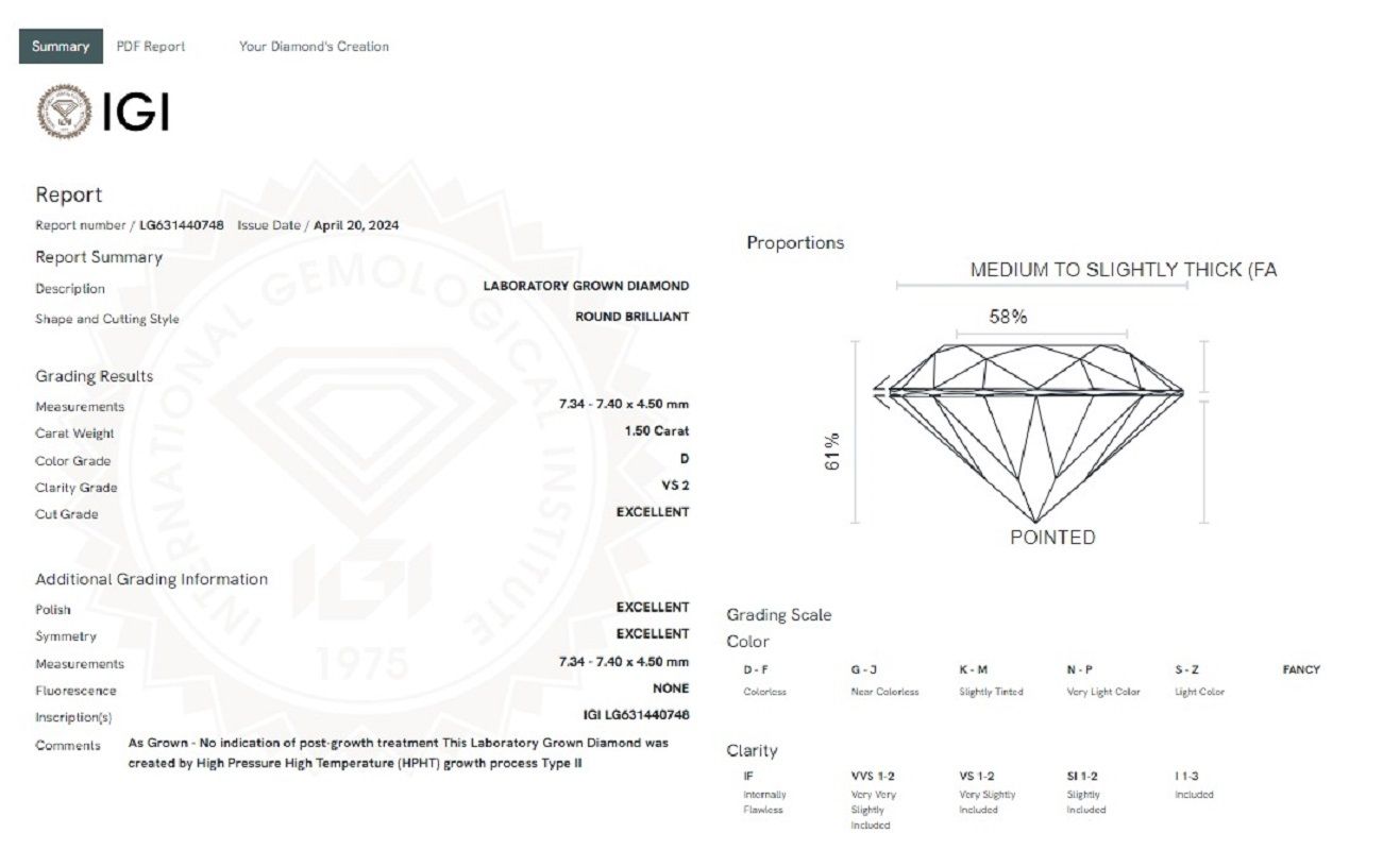 ROUND 1.50ct D VS2 IGI 631440748 Lab Grown Diamond EC1116275