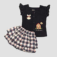 Black Baby Girls Top Skirt Set - Cotton, Up to 5 Years, Trendy Design, Printed Pattern, Short Sleeves, Perfect for Playtime and Casual Wear