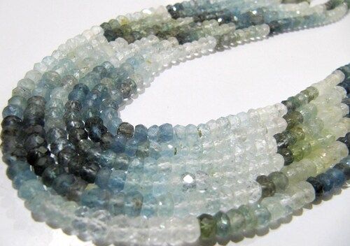 Natural Moss Aquamarine Rondelle Faceted Shaded 3 to 5mm Beads Strand 13'' long