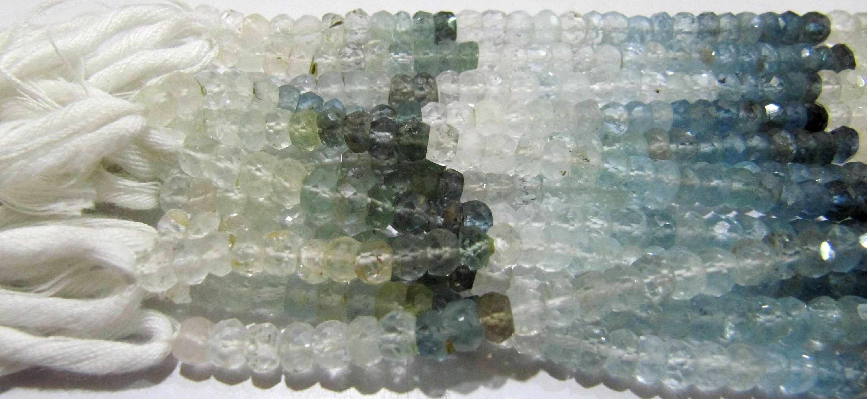 Natural Moss Aquamarine Rondelle Faceted Shaded 3 to 5mm Beads Strand 13'' long