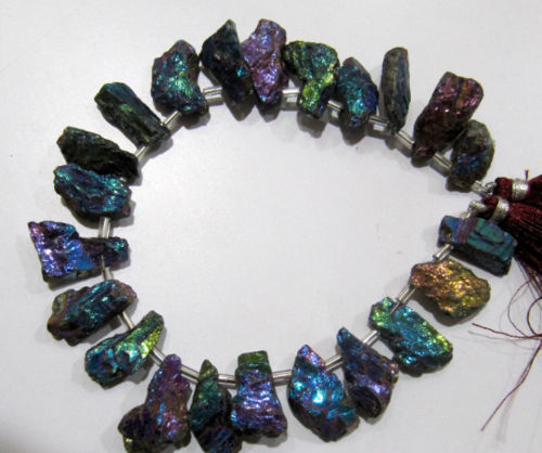 Natural Aquamarine Titanium Rainbow Coated Rough Beads Sold Per Strand 8 inches