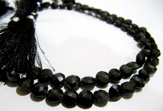 Natural Black Spinel Round Coin shape Faceted Beads 6mm Strand 8 inches Long