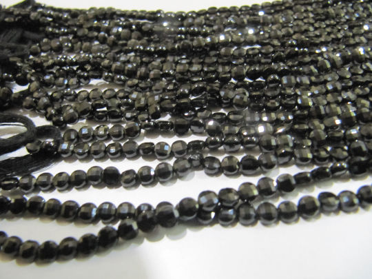 Natural Black Spinel Faceted Coin Beads 4mm Strand 13 Inches Long