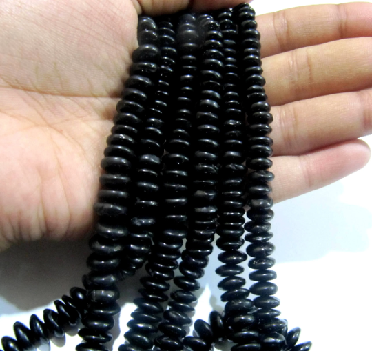 Natural Black Spinel German Cut Rondelle Beads 7 to 10mm Strand 8 inches Long