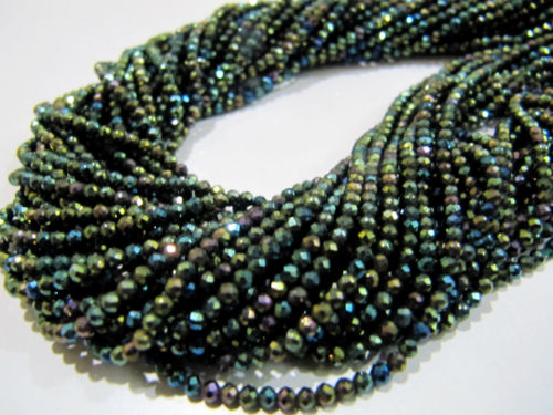 Black Spinel Beads 3mm Rondelle Faceted Peacock Coated Strand 13 inch long