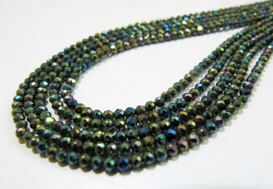 Black Spinel Beads 3mm Rondelle Faceted Peacock Coated Strand 13 inch long