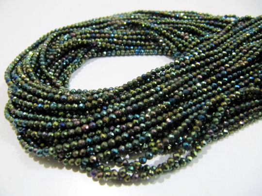 Black Spinel Beads 3mm Rondelle Faceted Peacock Coated Strand 13 inch long