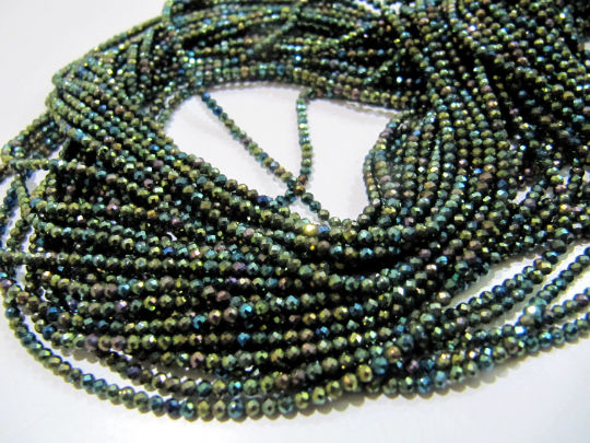 Black Spinel Beads 3mm Rondelle Faceted Peacock Coated Strand 13 inch long