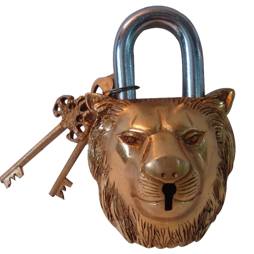 aakrati Lion Face of brass Padlock  (Brown)