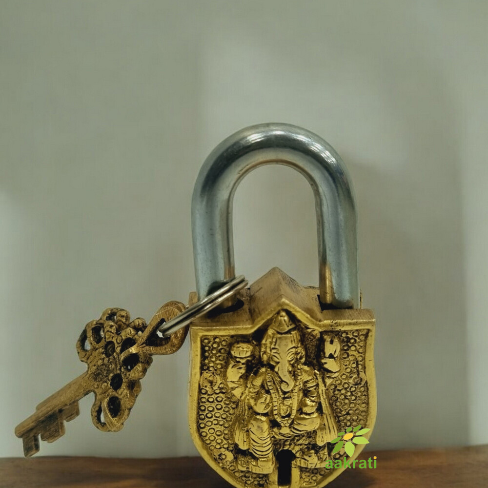 Brass Ganesha Engraved Padlock | Divine Protection for Your Home | Brass Padlock For Home Safety ( Yellow, 3.5 inch)