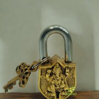 Brass Ganesha Engraved Padlock | Divine Protection For Your Home | Brass Padlock For Home Safety ( Yellow, 3.5 Inch) - Color: Yellow And Black Mix