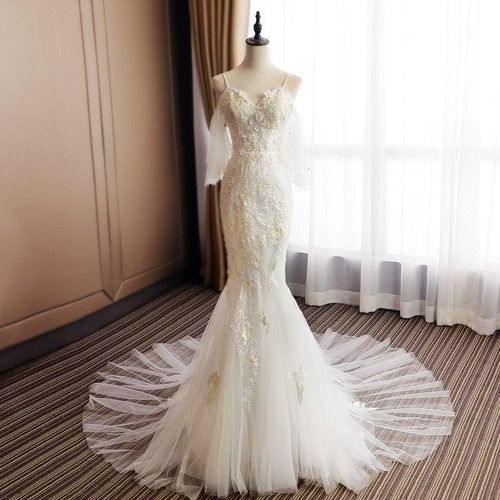 Wedding Gown - Pearlescent Embroidery, Sequined Appliques and Lace Pleats, Beaded Button Accents