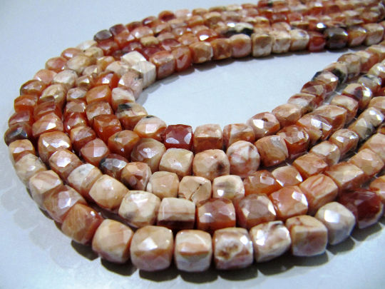 Natural Carnelian Beads / 6-7mm Faceted 3D Cube Shape Strand 8 inch long