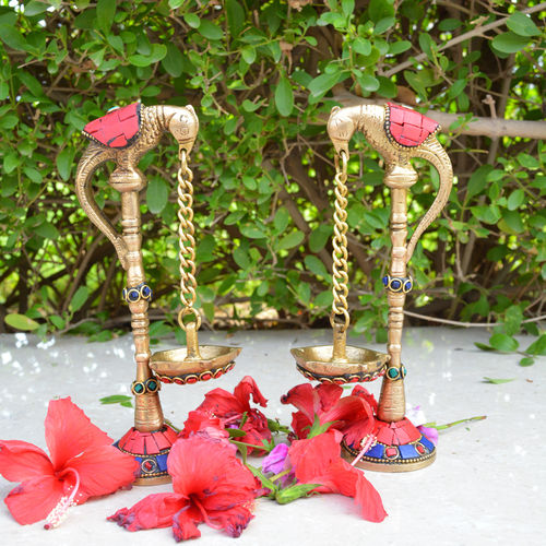 aakrati Bird Deepak Oil Lamp Stand Pair Brass Hindu Religious Puja Art Fengshui Gifts Brass (Pack of 2) Table Diya Set  (Height: 6.5 inch)