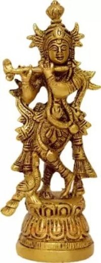 Aakrati Hindu Lord Krishna Metal Idol Figure. God Murlidhar Statue Unique For Gift, Religious Decoration & Temple Worhip Decorative Showpiece - 18 Cm  (brass, Yellow) - Color: Yellow