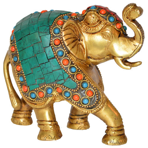 aakrati Trunk up Elephant Figurine with Turquoise Gemstones Handwork Decorative Showpiece - 11 cm  (Plastic, Multicolor)