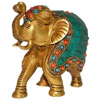 aakrati Trunk up Elephant Figurine with Turquoise Gemstones Handwork Decorative Showpiece - 11 cm  (Plastic, Multicolor)