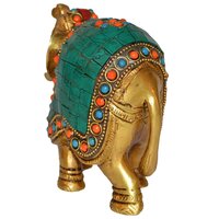 aakrati Trunk up Elephant Figurine with Turquoise Gemstones Handwork Decorative Showpiece - 11 cm  (Plastic, Multicolor)