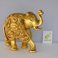 Aakrati Elephant Trunk Up Sculpture Made In Brass Metal - Table Decor Showpiece For Gift - Color: Yellow