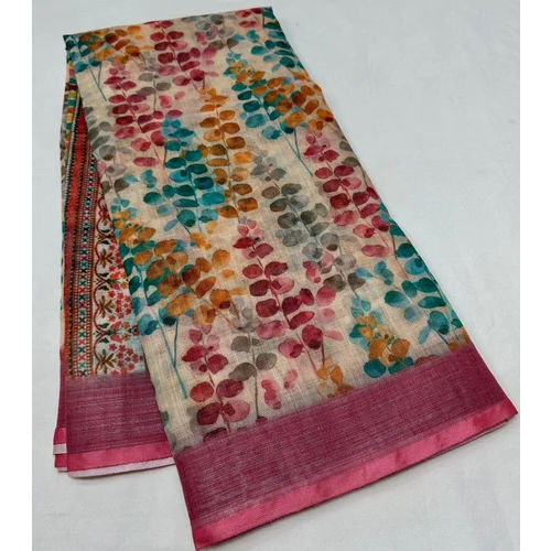 Multi Colours Digital Printed Linen Saree