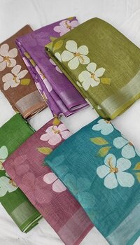 Soft Linen Zari Border Sarees - Color: Multi Colours