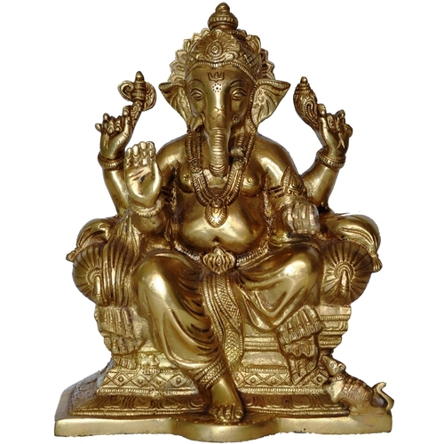 Aakrati Brass Statue of Hindu Lord Ganesha - Antique Yellow Finish Metal Sculpture - Indian Handmade Craft Idol Look Like Bronze - Unique Home Decor and Gift