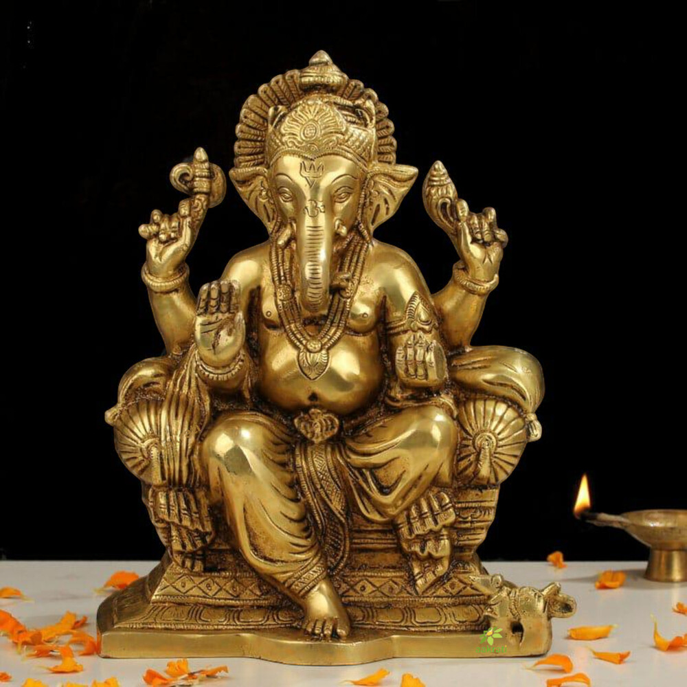 Aakrati Brass Statue of Hindu Lord Ganesha - Antique Yellow Finish Metal Sculpture - Indian Handmade Craft Idol Look Like Bronze - Unique Home Decor and Gift