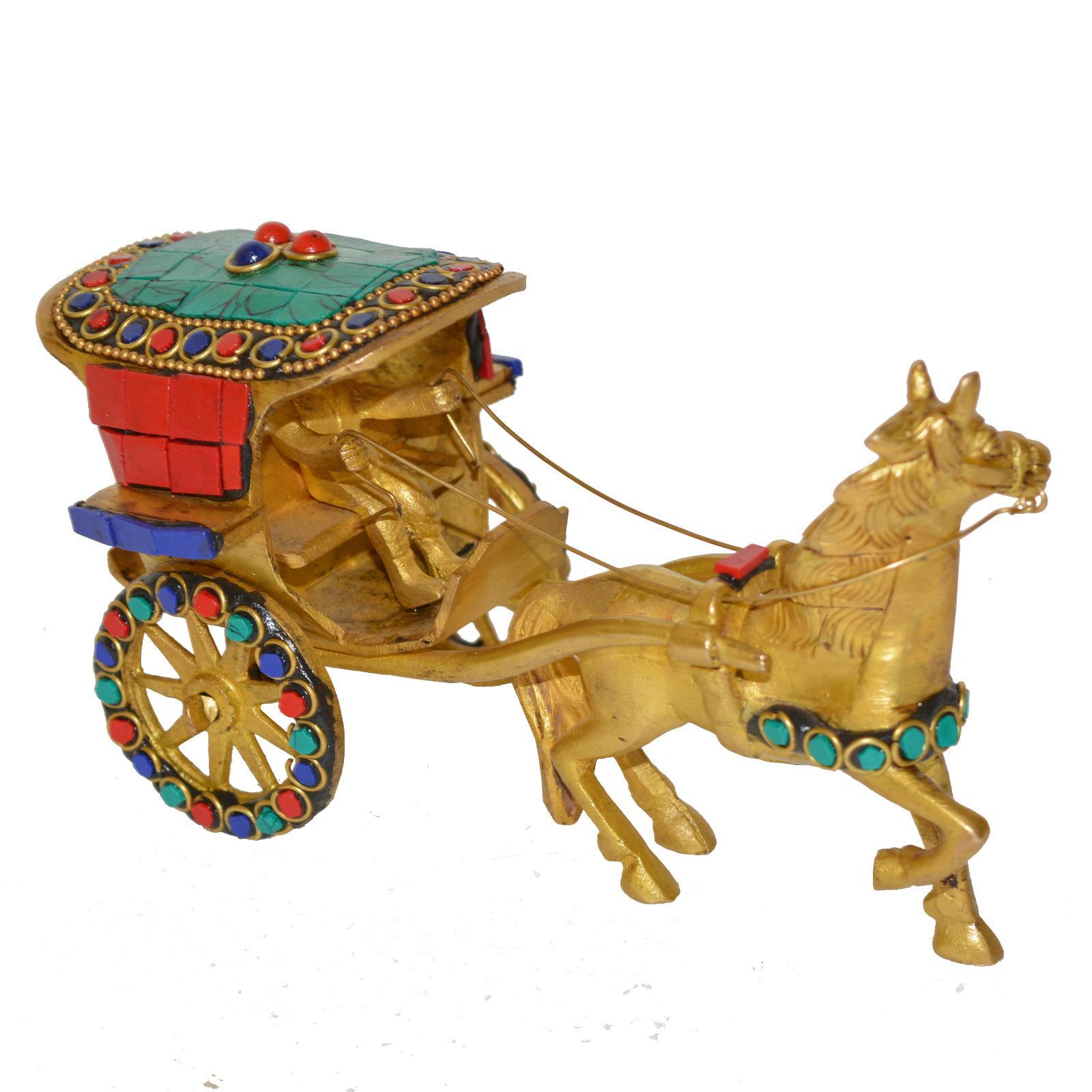 Aakrati Brass Horse Cart Handmade Antique Home Decoration Figurine Table Decoration Hotel Figurines Functional Replica with A Small Rider