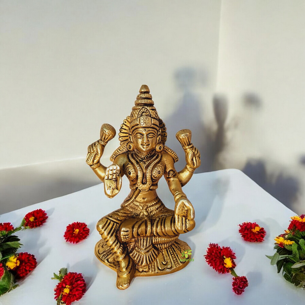 Brass Lakshmi Handmade Statue | Divine Idol for Housewarming Blessings & Home Decor | Brass Lakshmi Murti ( Yellow, 5 inch)