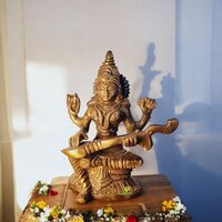 Goddess Saraswati Brass Statue In Antique Finish By Aakrati - Color: Yellow