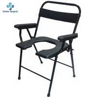 Steel Folding Commode Chair - Stainless Steel Frame, Adjustable Seat, Foldable Design, Black Finish, 4 Wheels For Easy Mobility