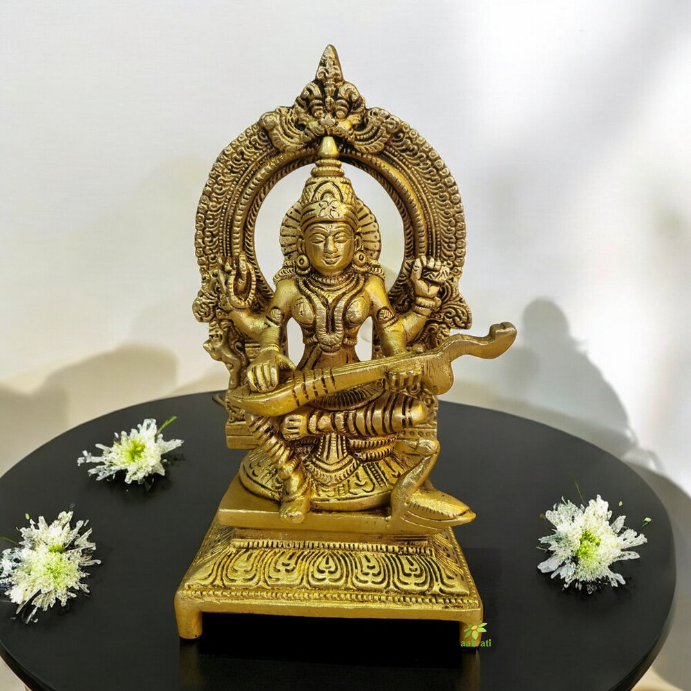 aakrati Goddess Saraswti Temple Statue Made Decorative Showpiece - 18 cm  ( Yellow)