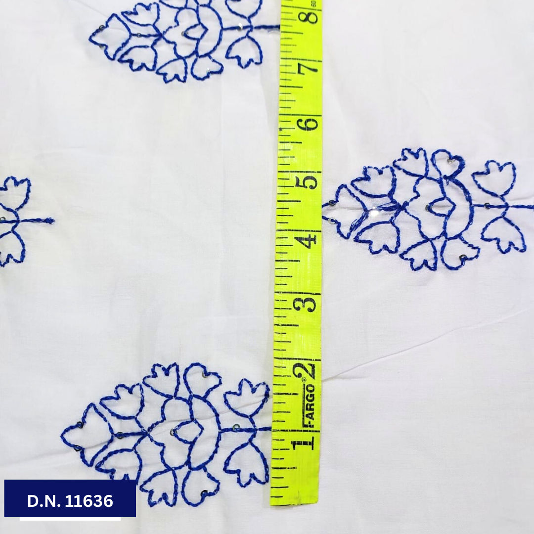 Blue Leafy Thread work Cotton Embroidery fabric