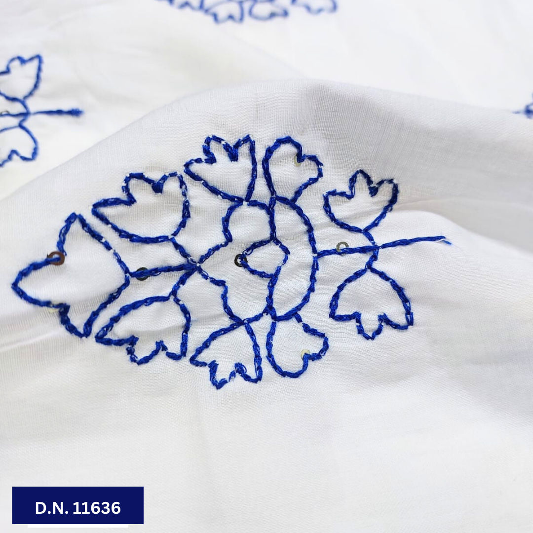 Blue Leafy Thread work Cotton Embroidery fabric