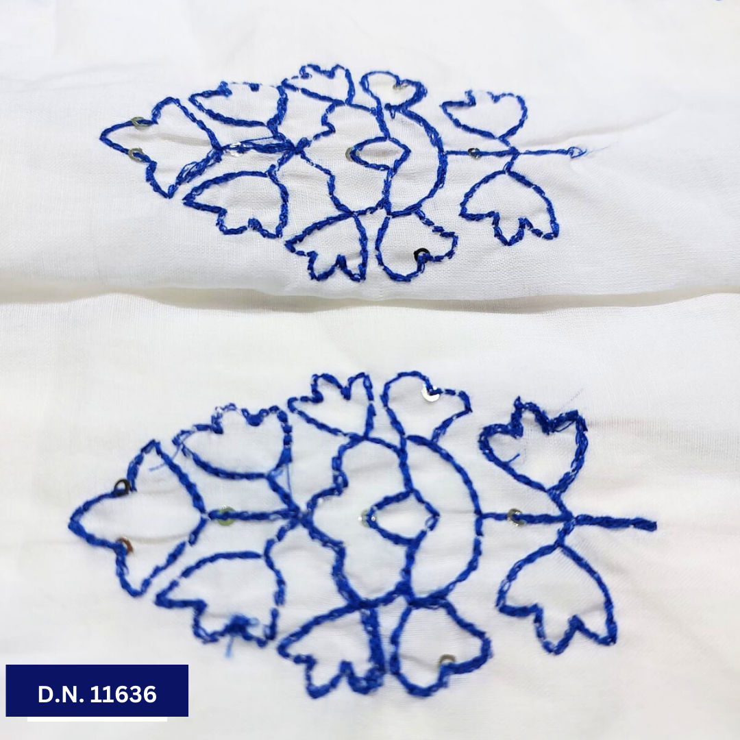 Blue Leafy Thread work Cotton Embroidery fabric