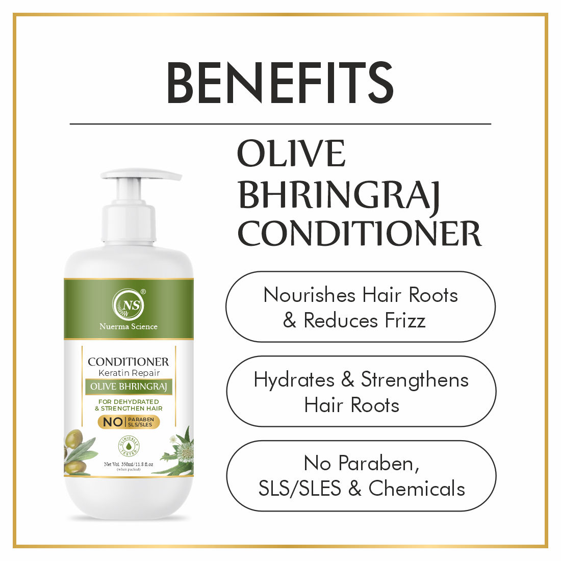 Nuerma Science Keratin Repair Olive Bhringraj Conditioner for Anti Frizz & Silky Hair - 350ml