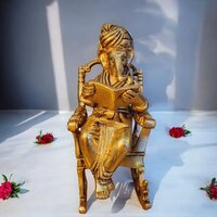 Handcrafted Brass Ganesha Idol | Sitting On Chair For Blessings & Prosperity | Elegant Brass Ganesha Murti ( Yellow, 7.5 Inch) - Color: Brown