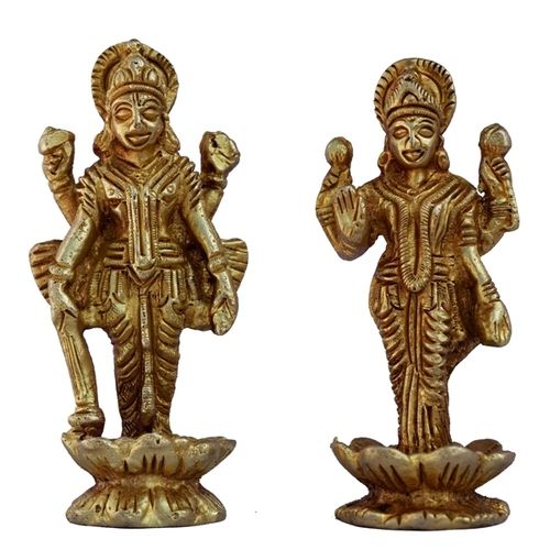 aakrati Vishnu and Lakshmi Pair of Brass Decorative Showpiece - 7 cm  (Brass, Yellow)