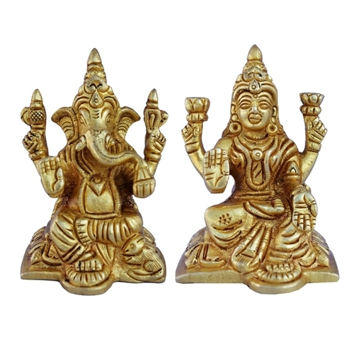 aakrati Lakshmi and Ganesha Pair of Brass Metal Decorative Showpiece - 8 cm  (Brass, Yellow)