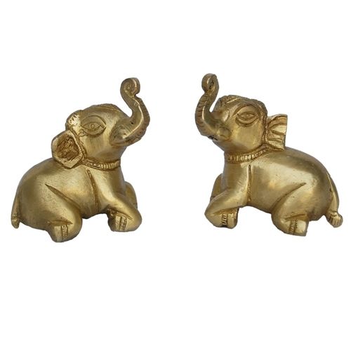 aakrati Table Decoration Sitting Elephant Pair Decorative Showpiece - 6.35 cm  (Brass, Yellow)